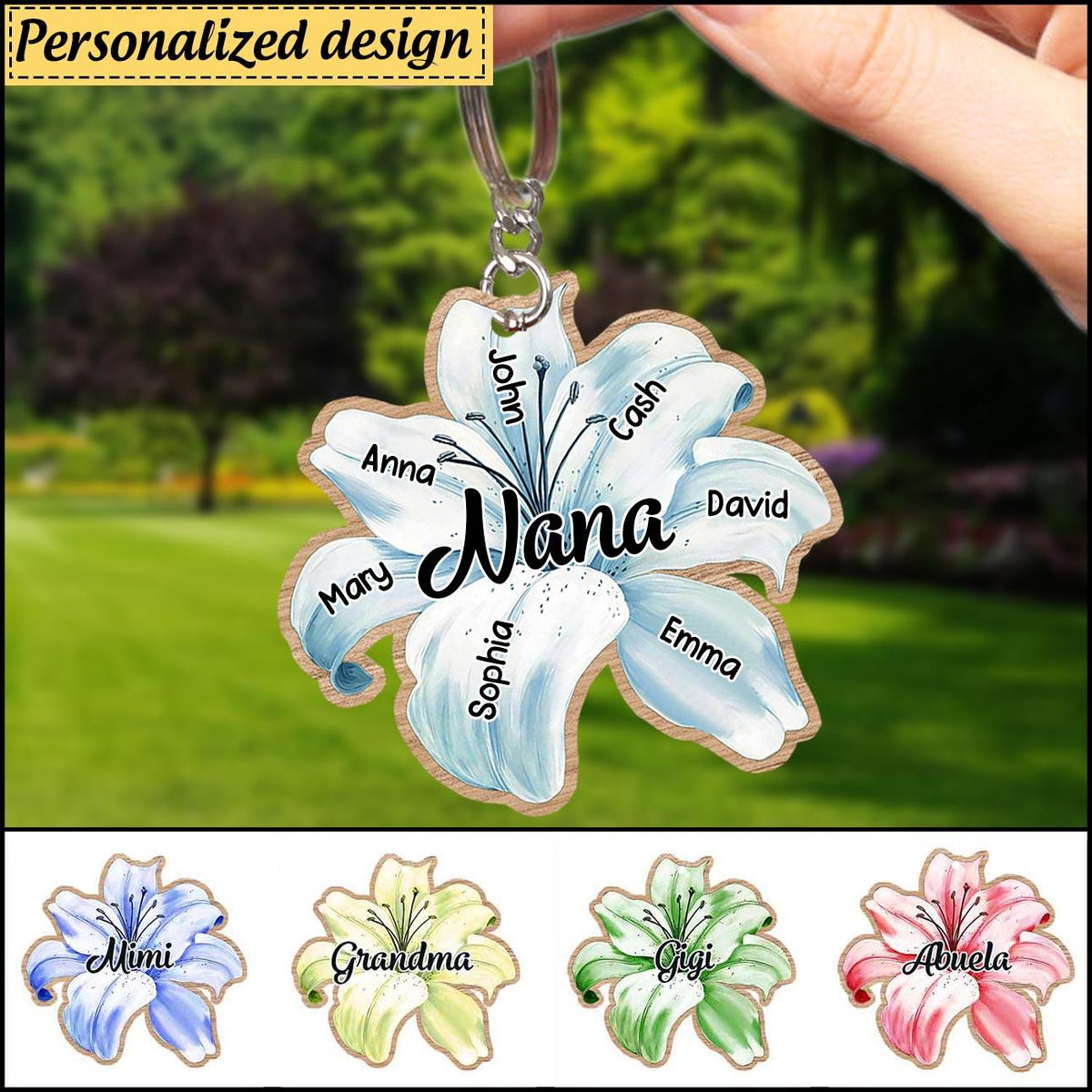 Grandma Nana With Grandkids Lily Flower Personalized Keychain