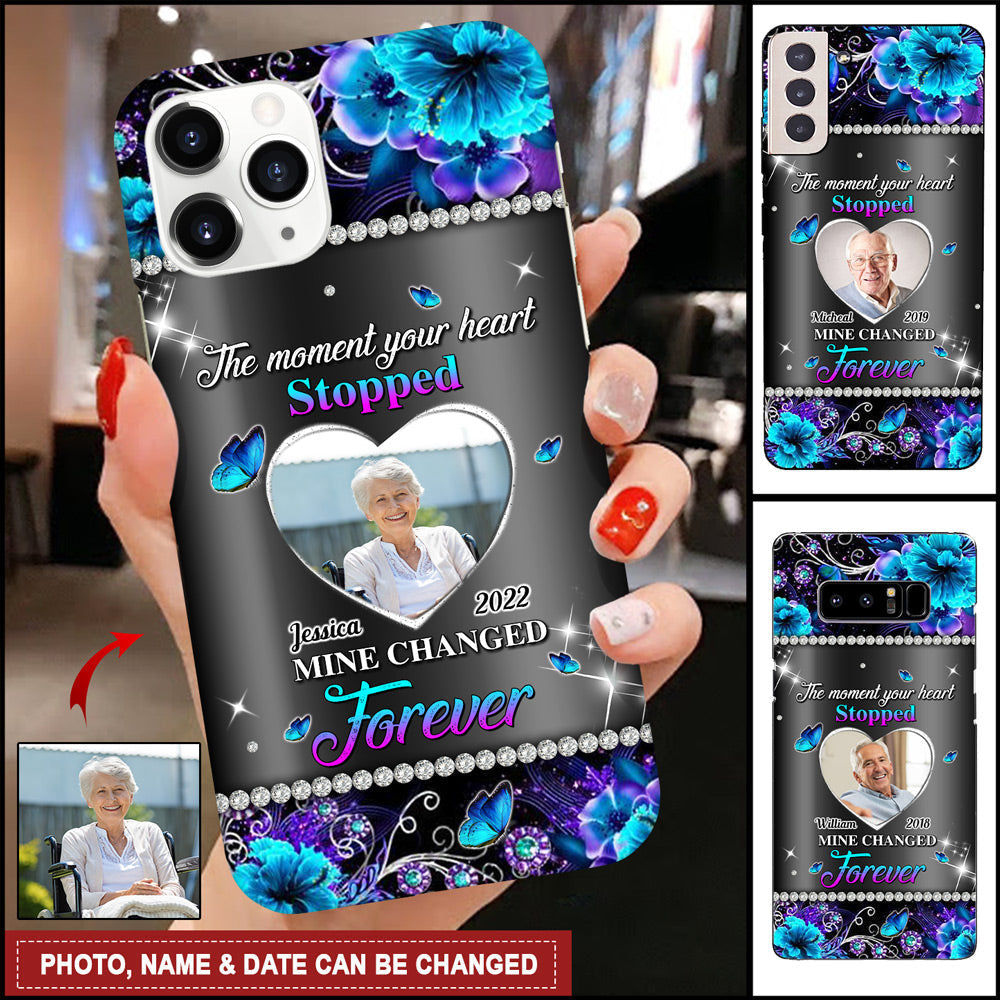The Moment Your Heart Stopped Mine Changed Forever Flower Sparkle Pattern Memorial Gift Glass Phone Case