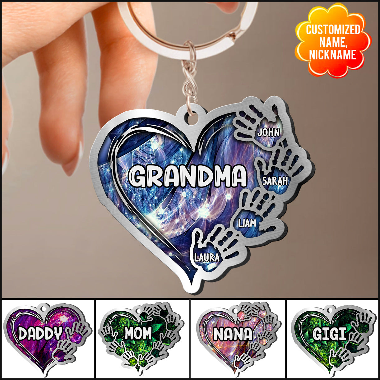 Sparkling Heart Handprint Kids, Multi Colors Personalized Keychain