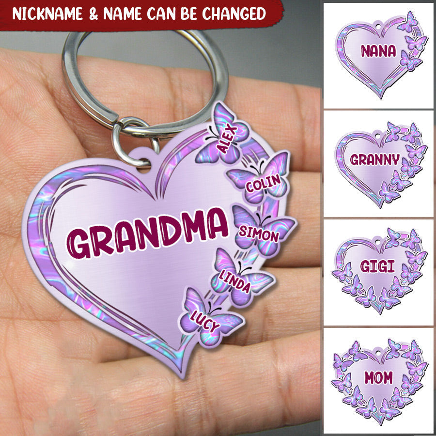 Grandma-Mom Violet Heart Butterfly Kids Mother's Day Personalized Acrylic Keychain
