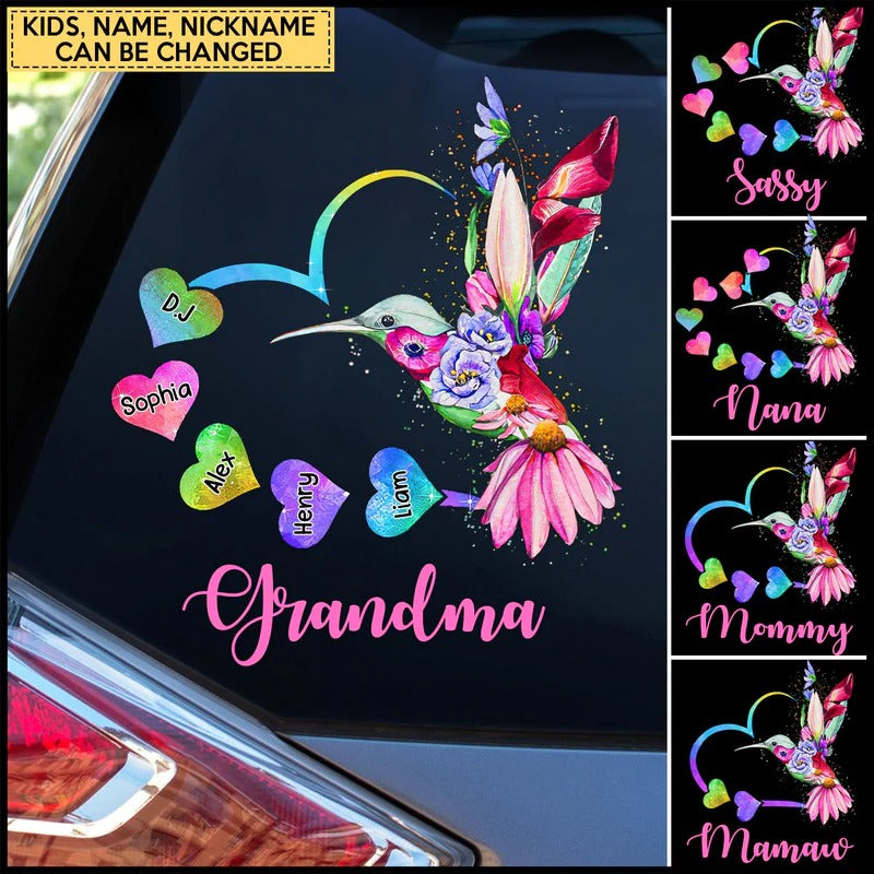 Grandma Grandkids Floral Hummingbird Personalized Heart Decal