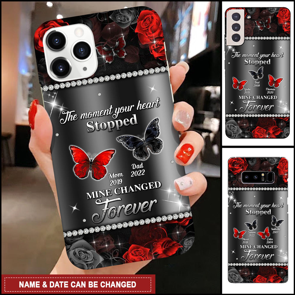 The Moment Your Heart Stopped Mine Changed Forever Butterfly Rose Sparkle Pattern Memorial Custom Gift Glass Phone