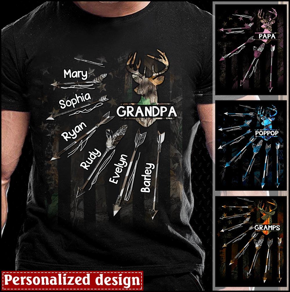 Grandpa Dad Papa With Grandkids Kids Deer Arrows Personalized T-shirt