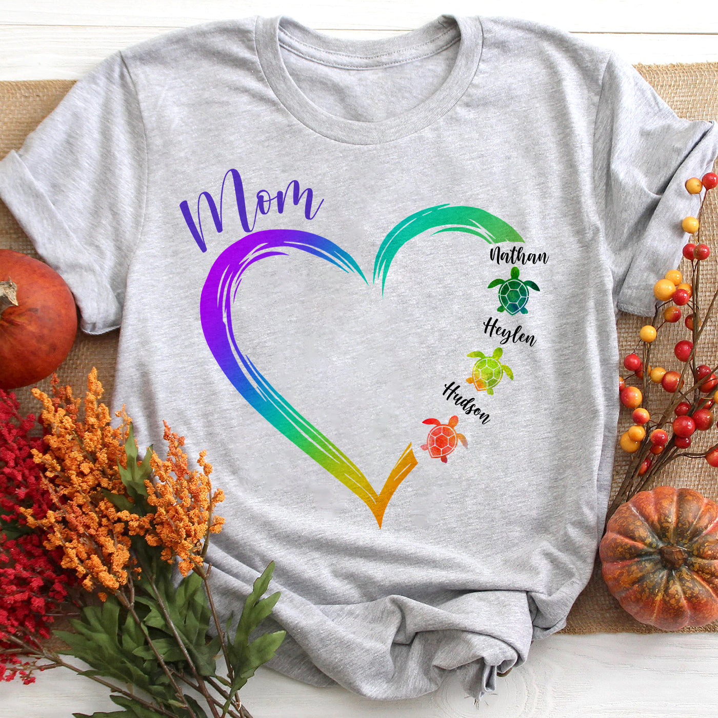 Colorful Rainbow Grandma Auntie Mom Heart Turtle Kids Personalized Shirt