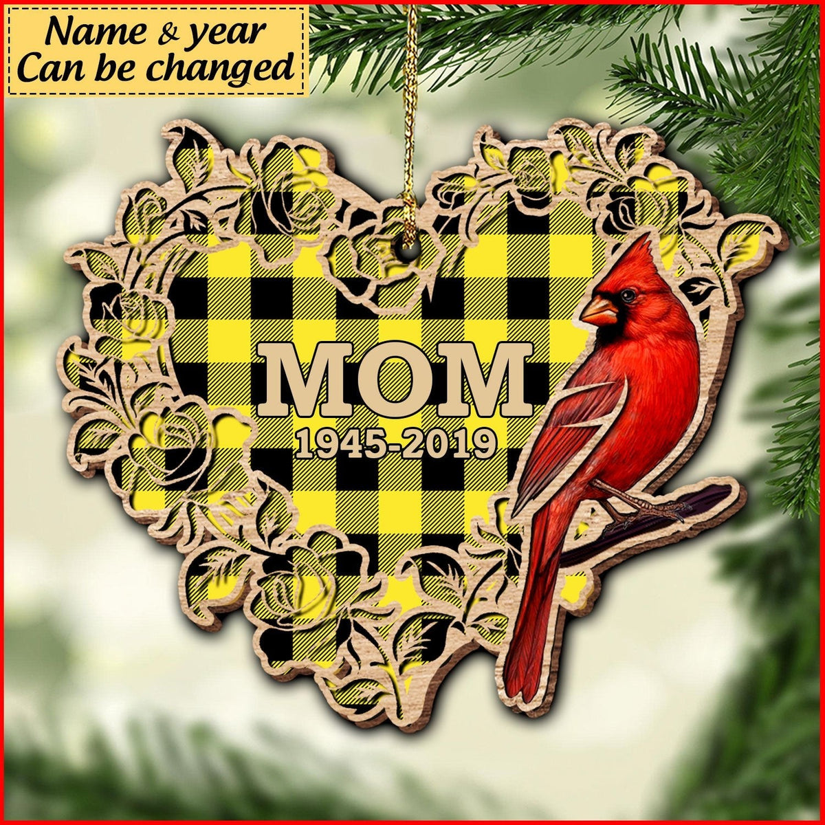 Personalized Memorial Christmas Cardinal Heart Wood Ornament