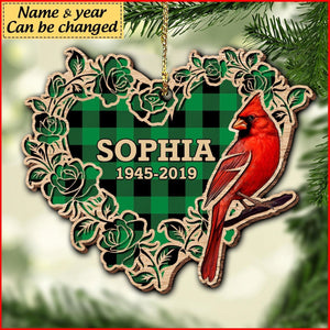 Personalized Memorial Christmas Cardinal Heart Wood Ornament