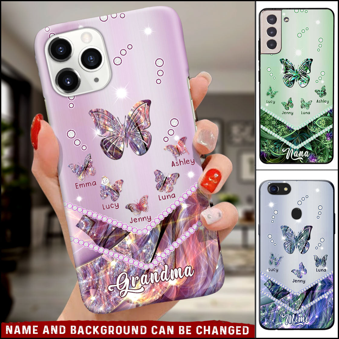 Grandma Butterfly Sparkle Pattern Custom Gift For Grandma Glass Phone Case