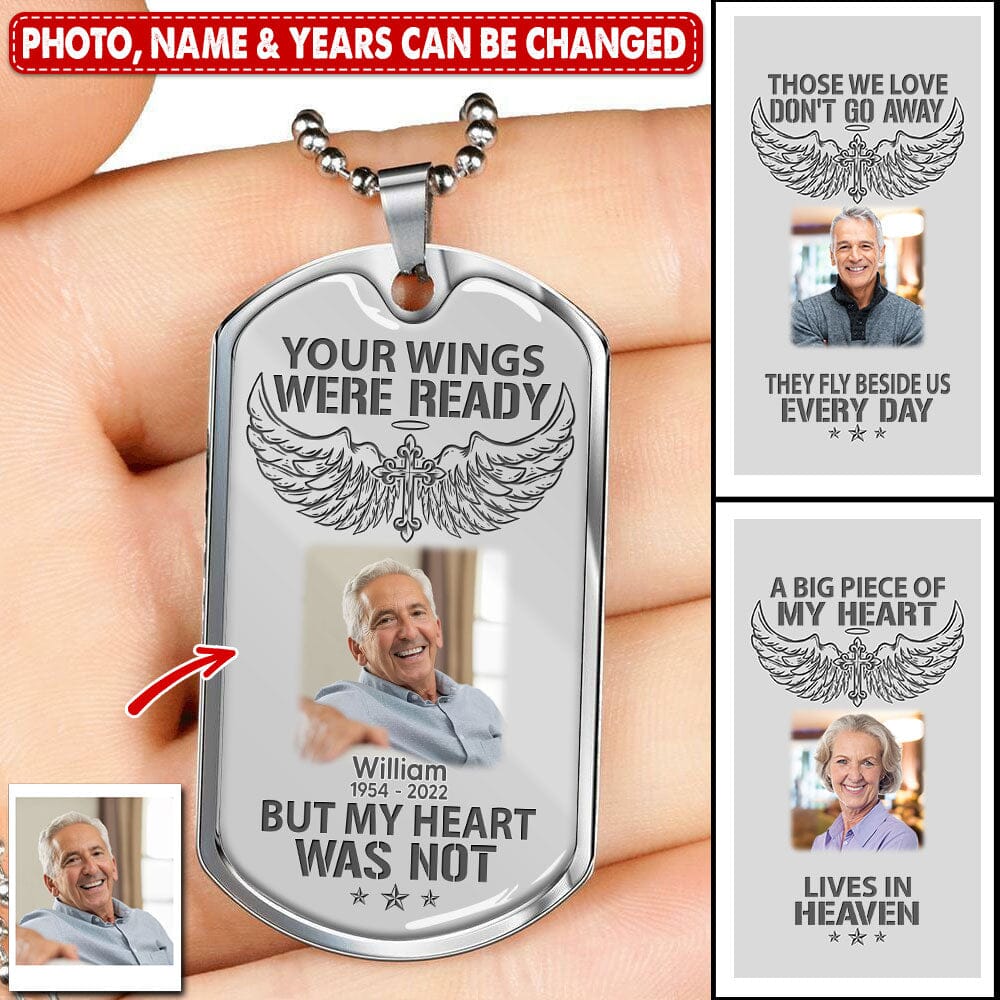 Upload Photo Family Loss Angel Wings Memorial Gift Personalized Dog Tag Necklace