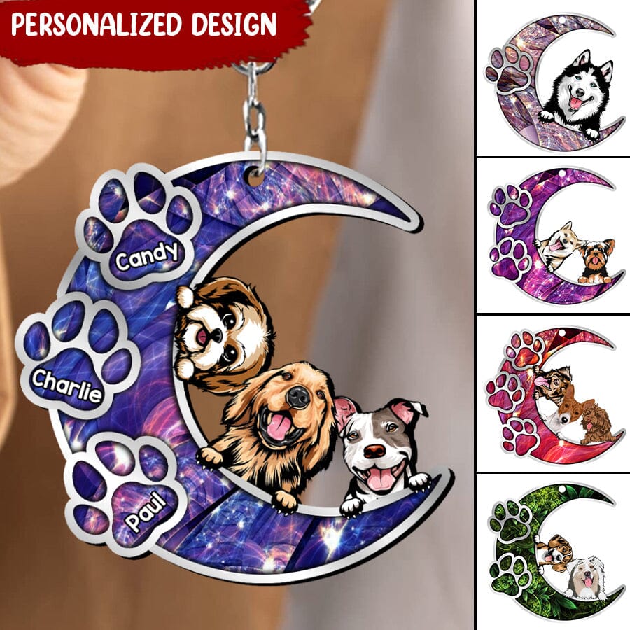 Customized Dog Mom Dad Fur Puppy Pet Lovers Moon Paws Keychain