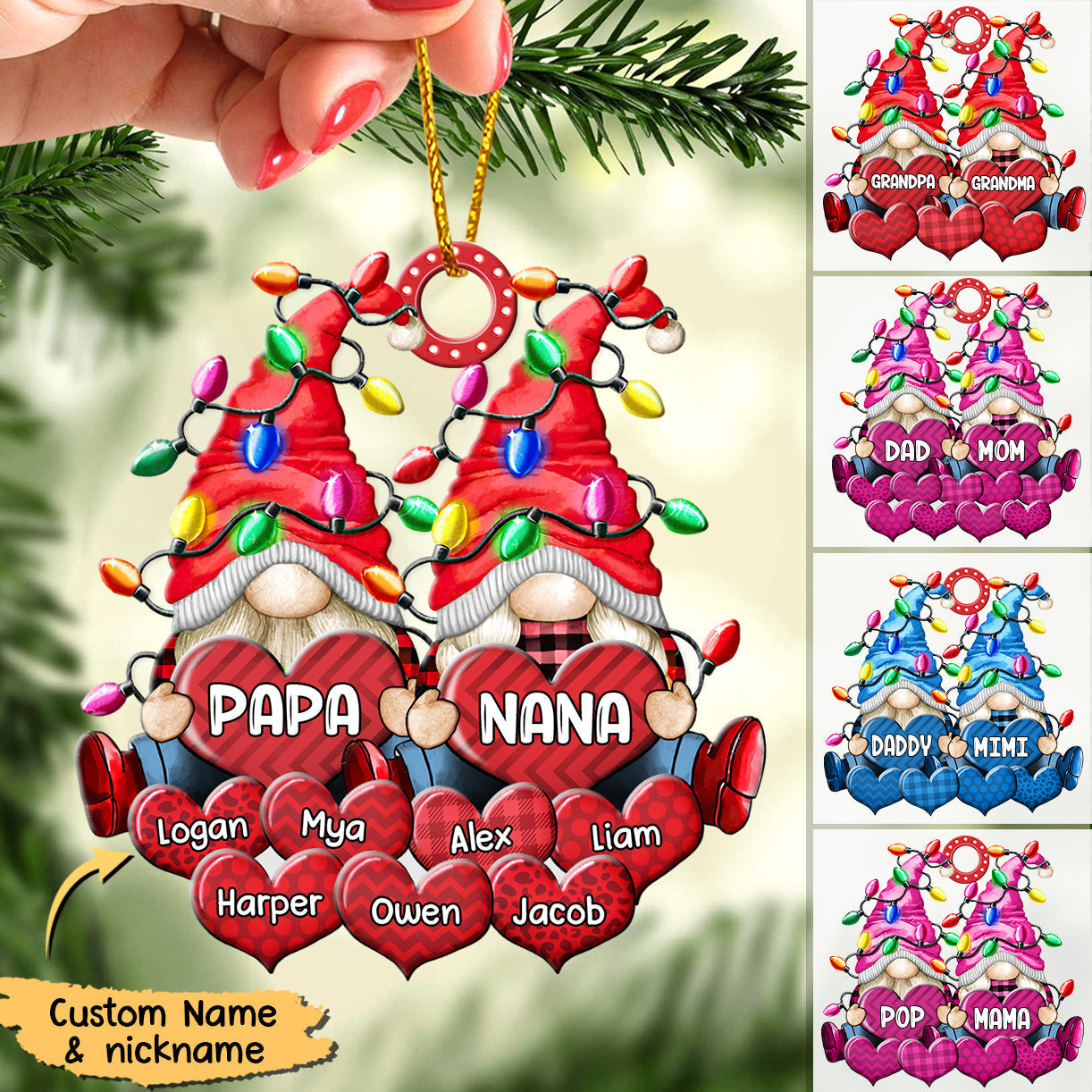 Colorful Christmas Light Doll Couple Papa Grandma Nana Daddy Loves Sweet Heart Kids Personalized Ornament