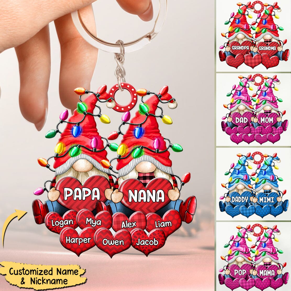 Colorful Christmas Light Doll Couple Papa Grandma Loves Sweet Heart Kids Personalized Acrylic Keychain