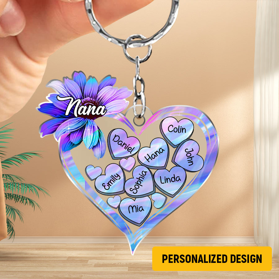 Hologram Sunflower Grandma Mom Heart Loads Of Love Kids Personalized Acrylic Keychain