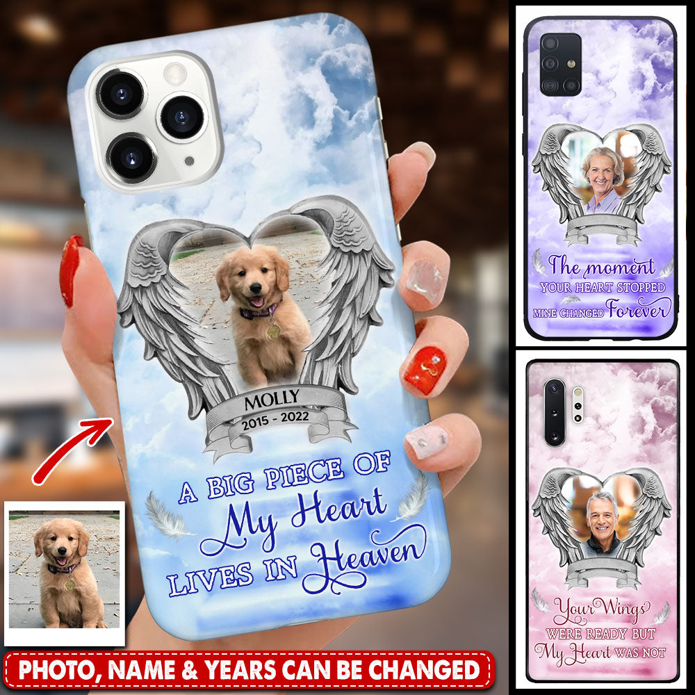 Memorial Upload Photo Heart Wings, A Big Piece Of My Heart Lives In Heaven Personalized Phone Case
