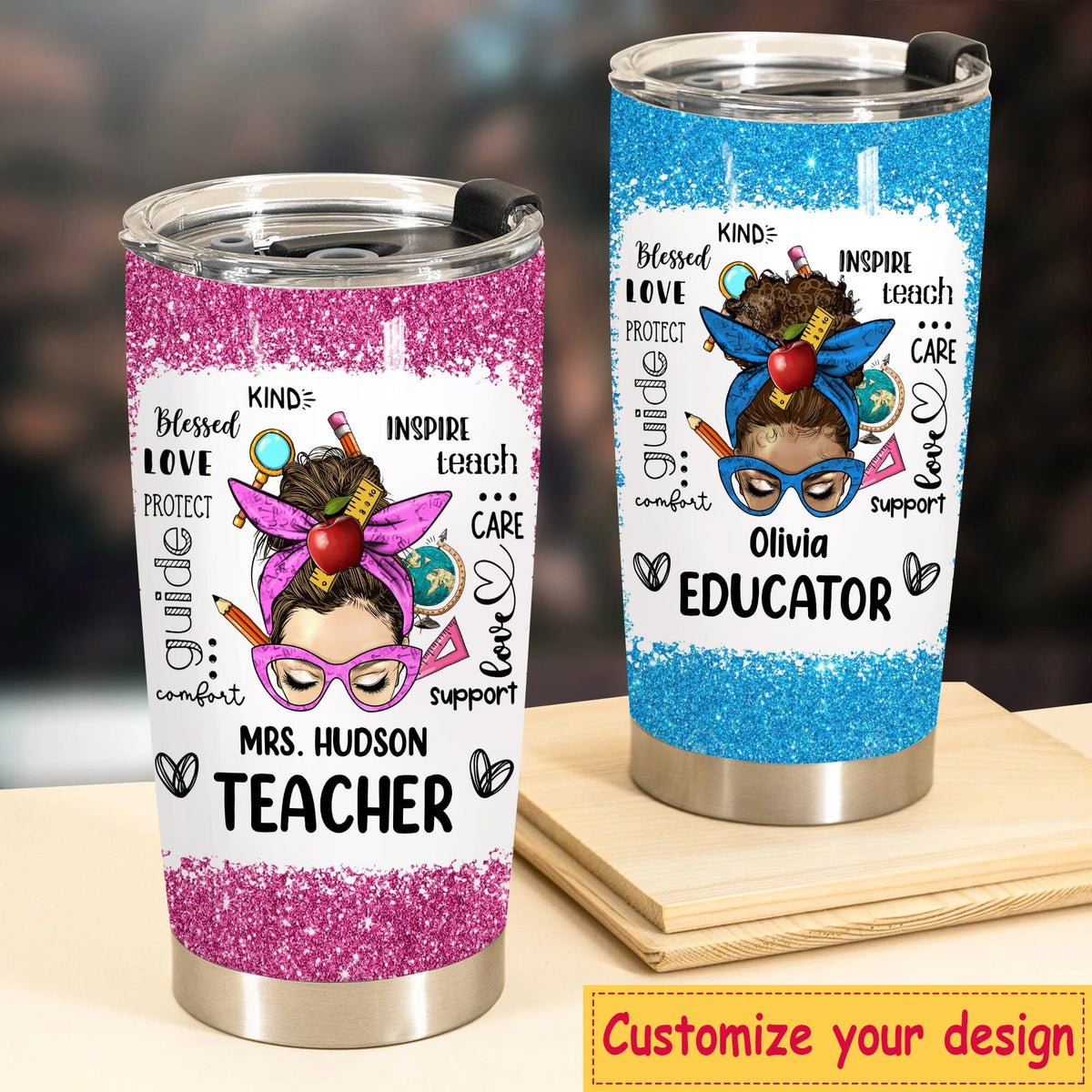 Messy Bun Teacher Typography Personalized Glitter Tumbler