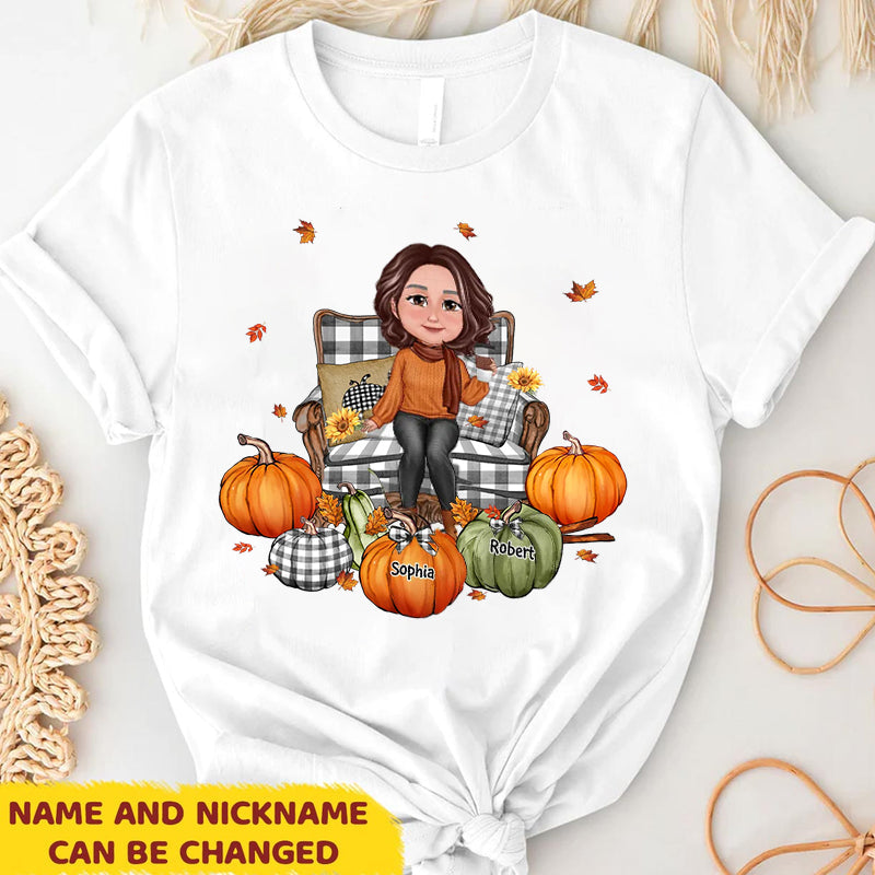 Grandma Mom Sitting On Chair Pumpkins Personalized Shirt