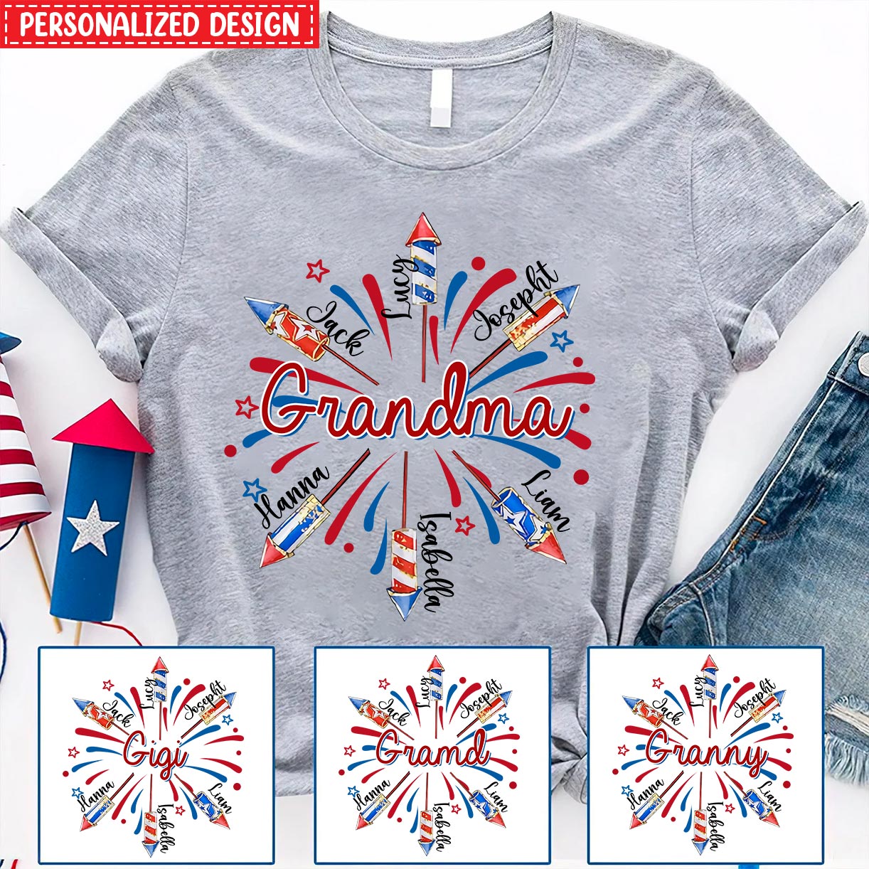 4th Of July Grandma Fireworks Grandkids Personalized T-shirt For Grandma Mom