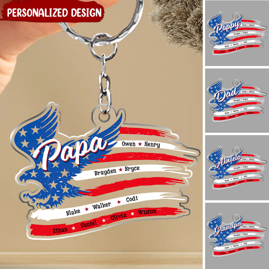 American Flag Eagle Papa Dad With Kids Personalized Keychain