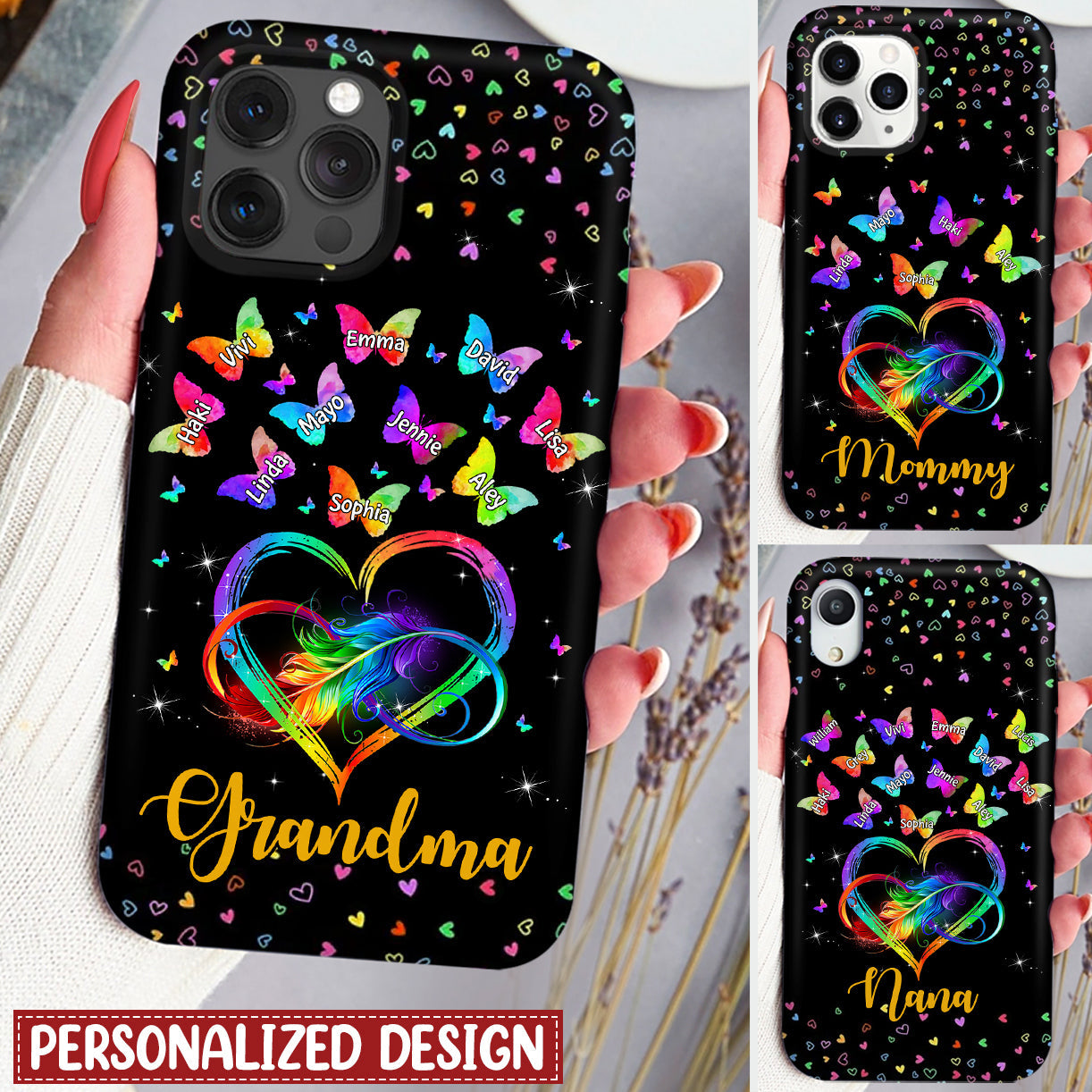 Colorful Rainbow Heart Infinity Grandma Mom Butterfly Kids Personalized Phone Case