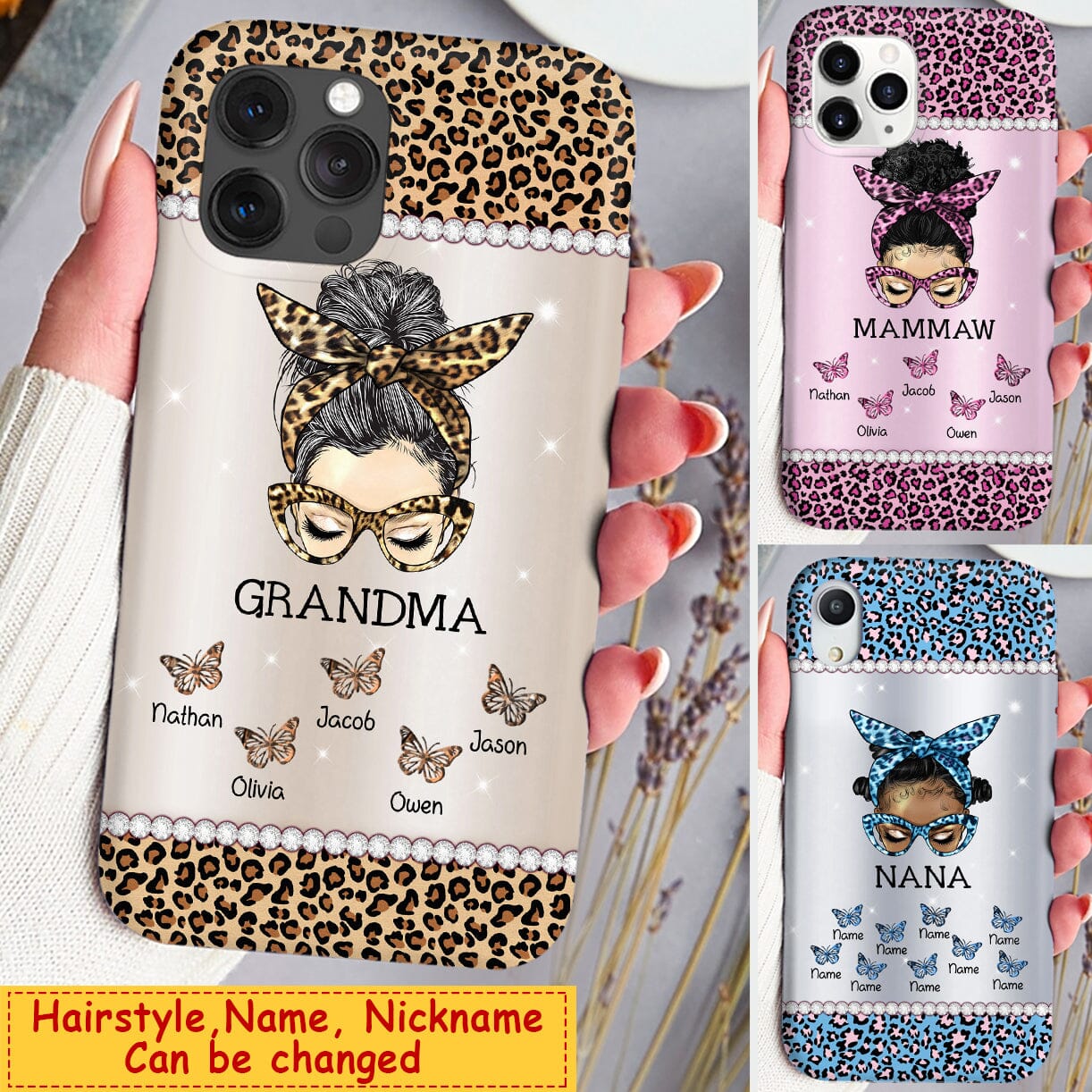 Messy Bun Grandma Mom Nana Leopard Butterfly Kids Personalized Glass Phone case