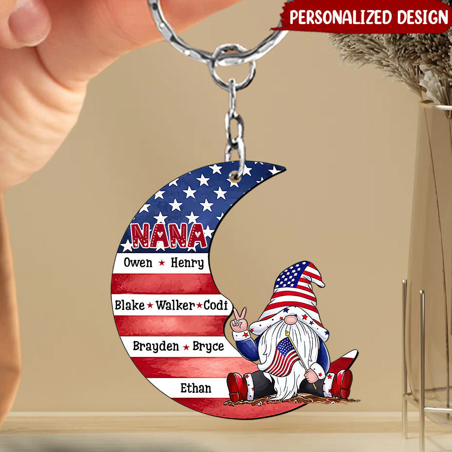 4th of July Grandma Auntie Mom On Moon American Flag Personalized Keychain