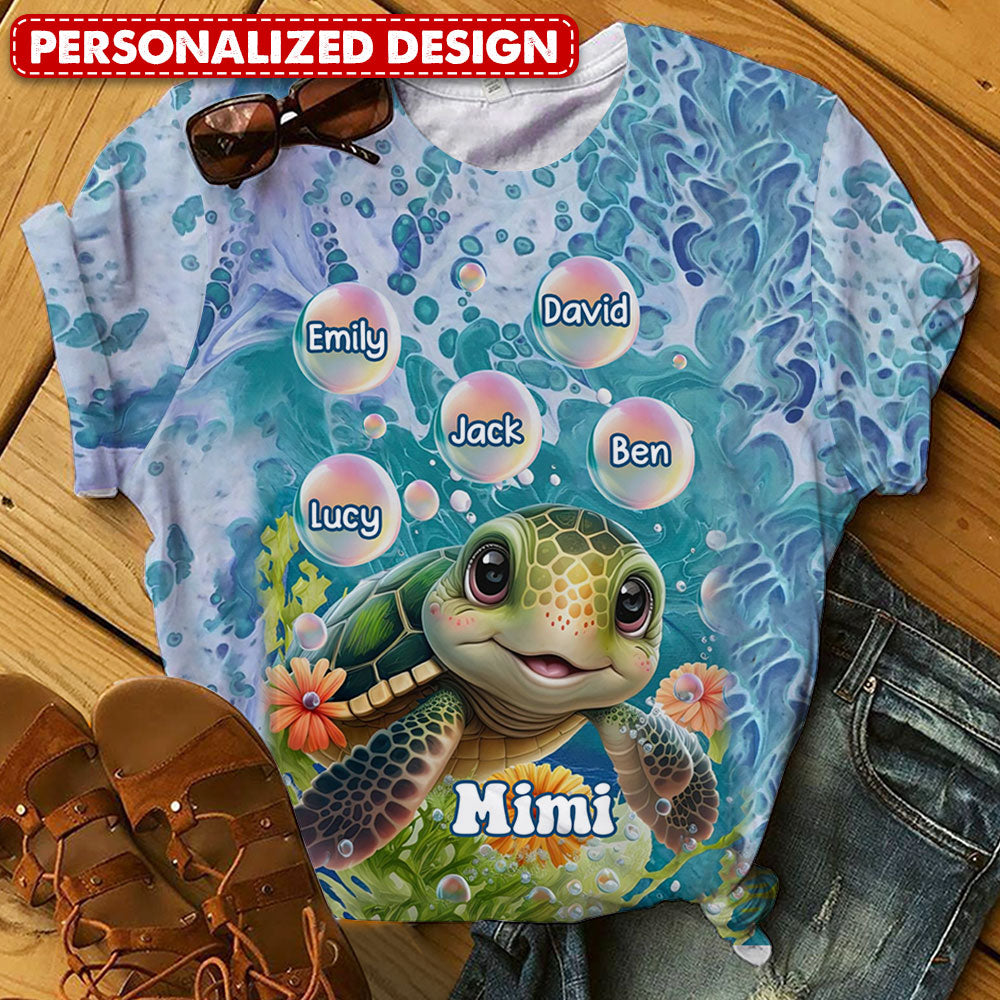 Beachy Sea Turtle Tough Grandma Mom With Grandkids Personalized 3D T-shirt