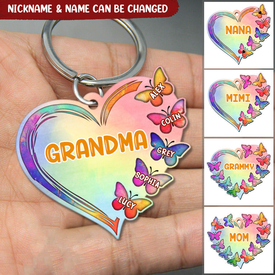 Personalized Grandma Mom Heart Butterfly With Grandkids Acrylic Keychain
