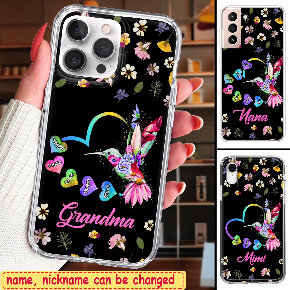 Personalized Grandma Mom Hummingbird Flower Phone Case