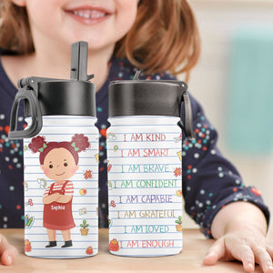 Smart Loved Brave Confident - Personalized Kids Water Bottle With Straw Lid - Birthday, Back To School Gift For Student, Son, Daughter, Affirmations for Kids
