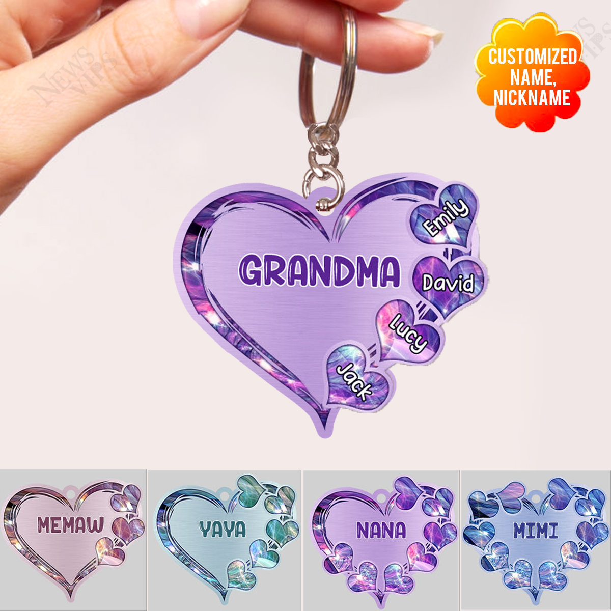 Grandma- Mom Heart Kids, Multi Colors Personalized Stainless Steel Keychain