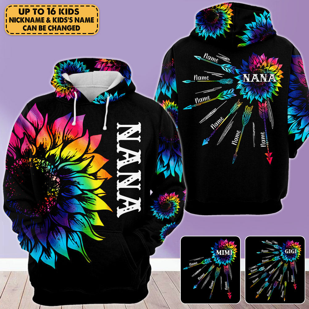Personalized Grandma with Kid Name Tie Dye Sunflower Hoodie