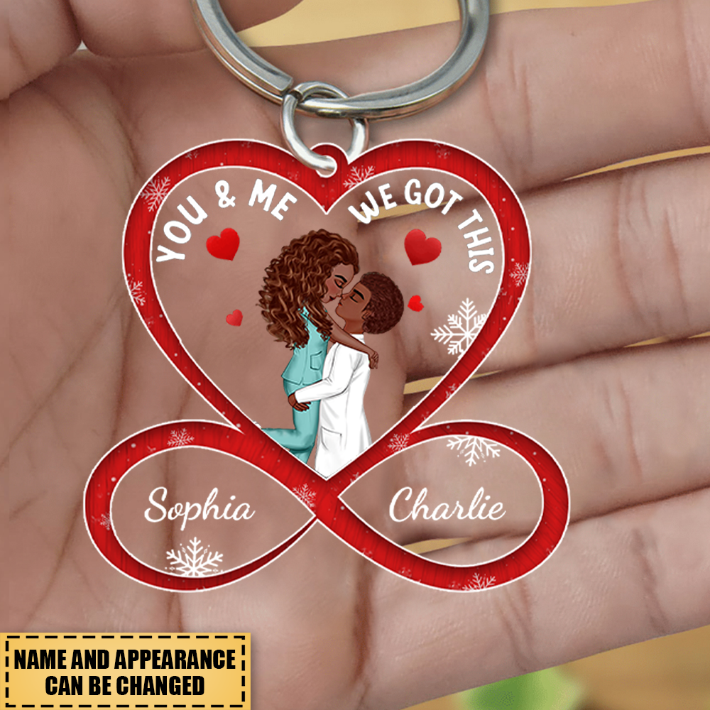 Personalized Heart Infinity Doll Couple Portrait, Firefighter, Nurse, Police Officer, Teacher, Gifts by Occupation Keychain