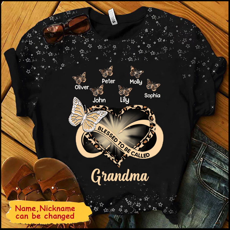 Infinity Heart Grandma Mom Leopard Butterflies Personalized T-shirt