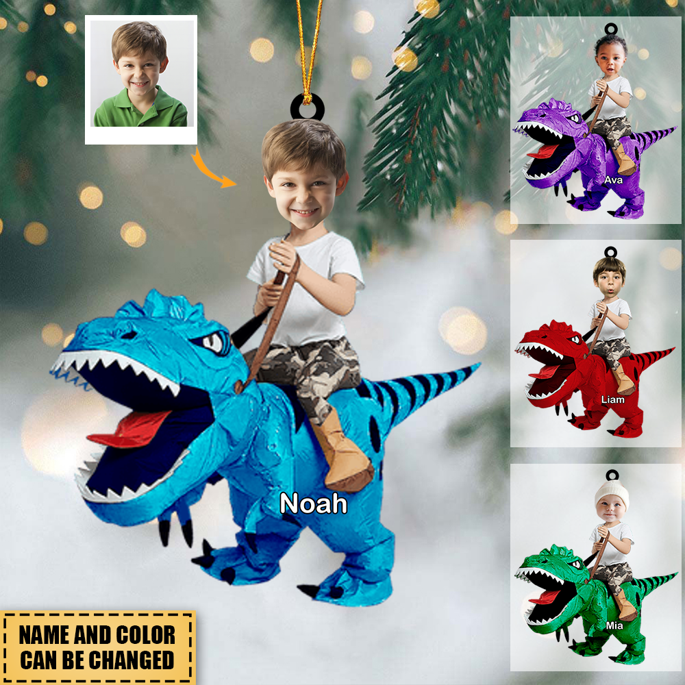 Personalized Cute Kid Rides The Dinosaurus Christmas Ornament