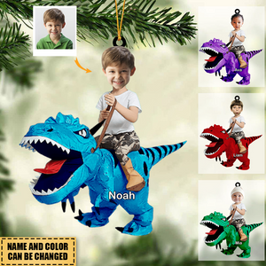 Personalized Cute Kid Rides The Dinosaurus Christmas Ornament