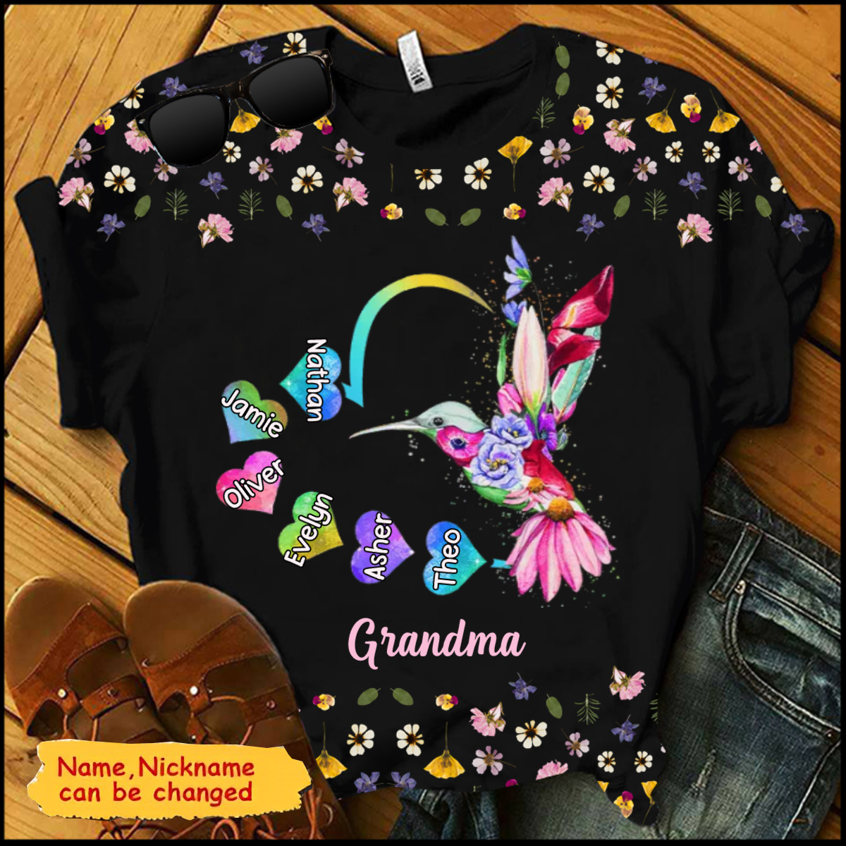 Personalized Grandma Mom Hummingbird Flower T-shirt