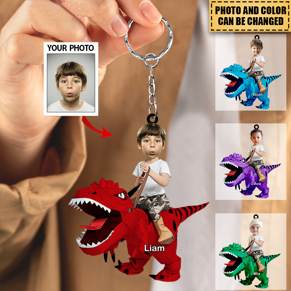 Personalized Cute Kid Rides The Dinosaurus Acrylic Keychain